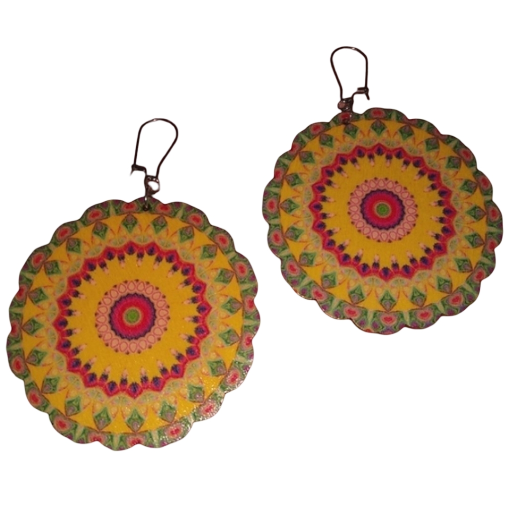 Colorful Flower Bohemian Round Mandala Statement Earrings Yellow Floral Festival